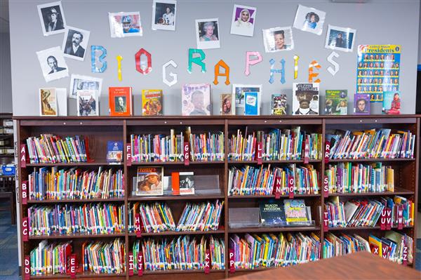 Bookshelves in a library
